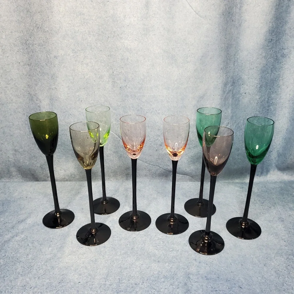 Vtg Set of 8 Multi Colored Cordial Glasses Black Long‎ Stem MCM 60s 70s Bar Cart